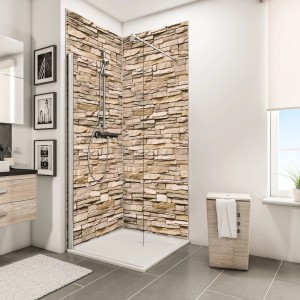 Schulte Duschrückwand ExpressPlus DecoDesign Stein Verbl. Hell, 255x100 cm, im Badezimmer.