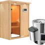 Karibu Sauna mit Ofen und LED-Dachkranz aus naturbelassener Fichte.