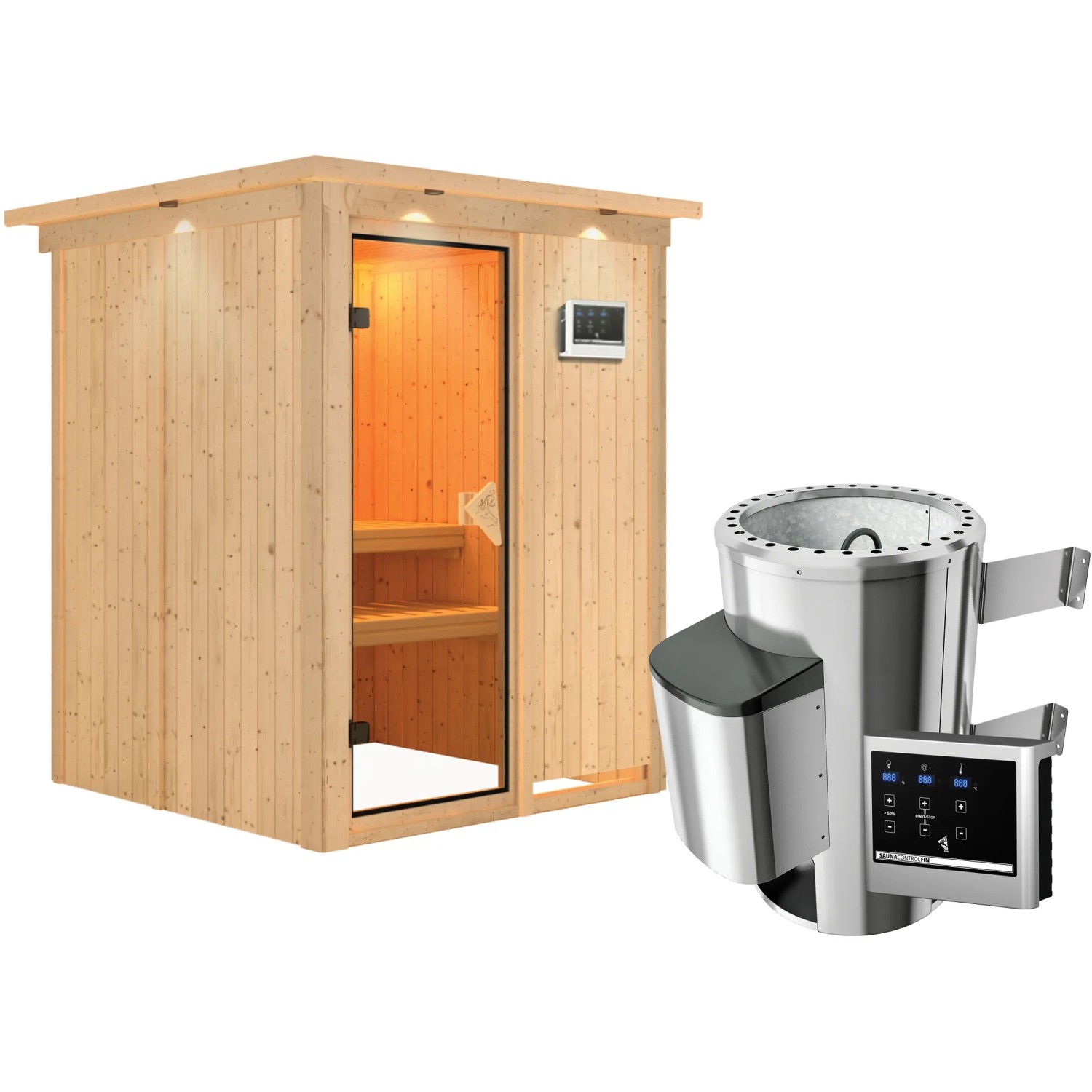 Karibu Sauna mit Ofen und LED-Dachkranz aus naturbelassener Fichte.