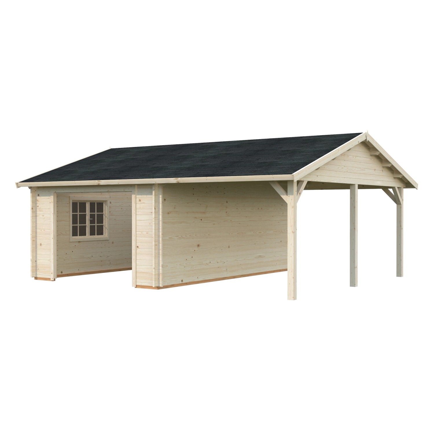 Naturbelassene Palmako Garage Roger aus Holz mit Carport und Fenster. Ideal als Fertiggarage.
