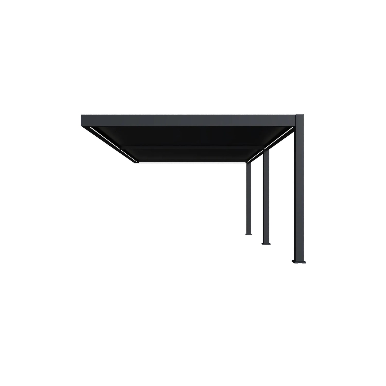 Anthrazitfarbene Weide Deluxe Plus Wandpergola mit elektrischem Lamellendach, Aluminiumstruktur und LED.