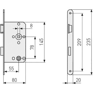 Abus WC-Einsteckschloss DIN L Gold, technische Zeichnung mit Maßen.