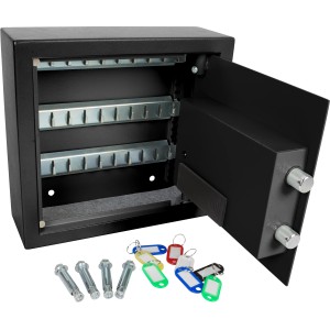 Offener, schwarzer Perel Schlüsseltresor mit Zahlenschloss, Schlüsselanhängern und Montagematerial.
