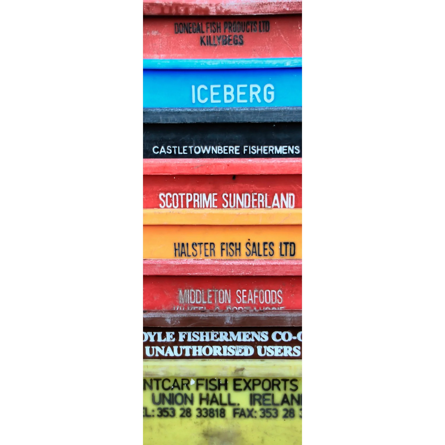 Komar Fototapete Vlies Cargo, 100x280cm, mit bunten Fischkisten-Motiv.