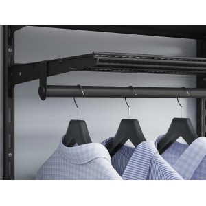 Schwarze Metall-Wandschiene, 1-reihig, 100 cm, zur Regalgestaltung mit Kleiderstange und Shirts.