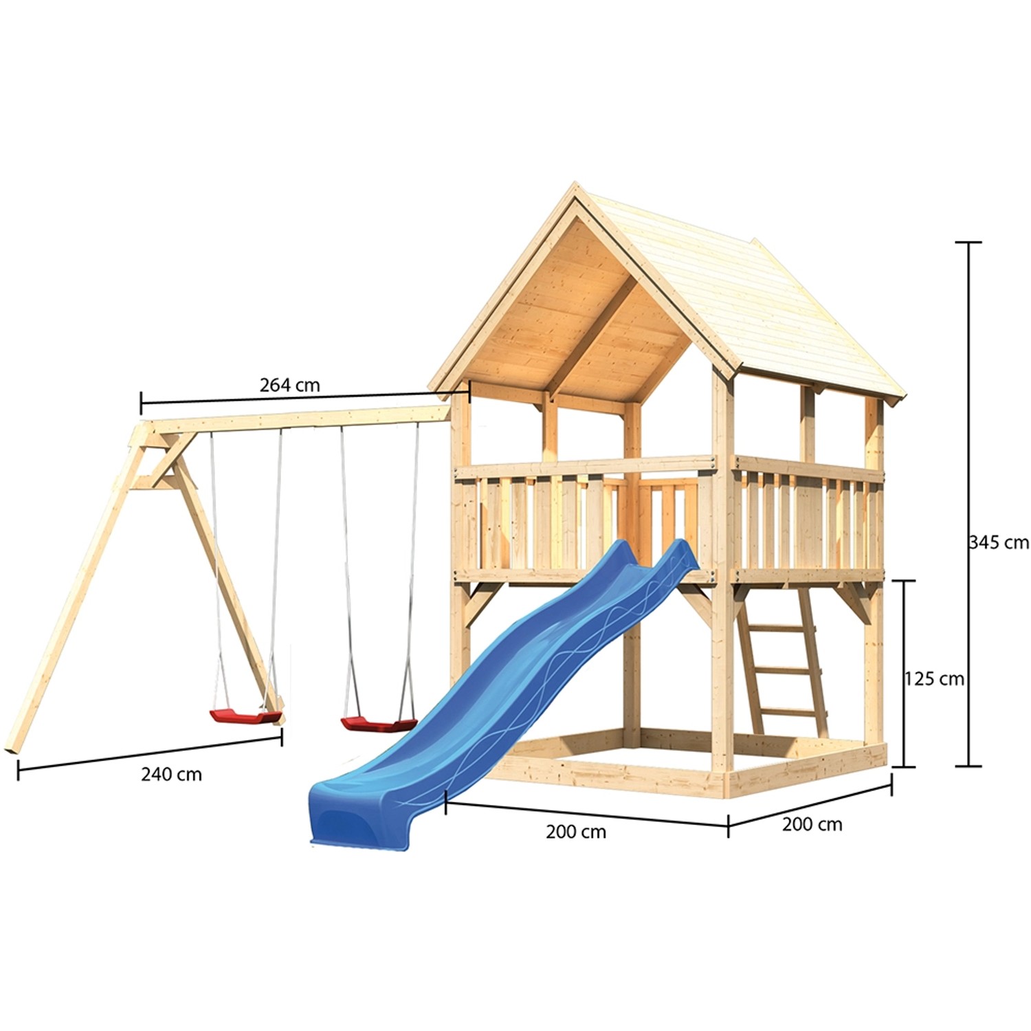Karibu Spielturm Luis mit Doppelschaukel und Rutsche (blau), aus naturbelassener Fichte.