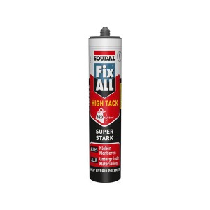 Soudal Fix All High Tack Hybrid Kraftkleber, weiße Kartusche mit grauem Aufsatz.