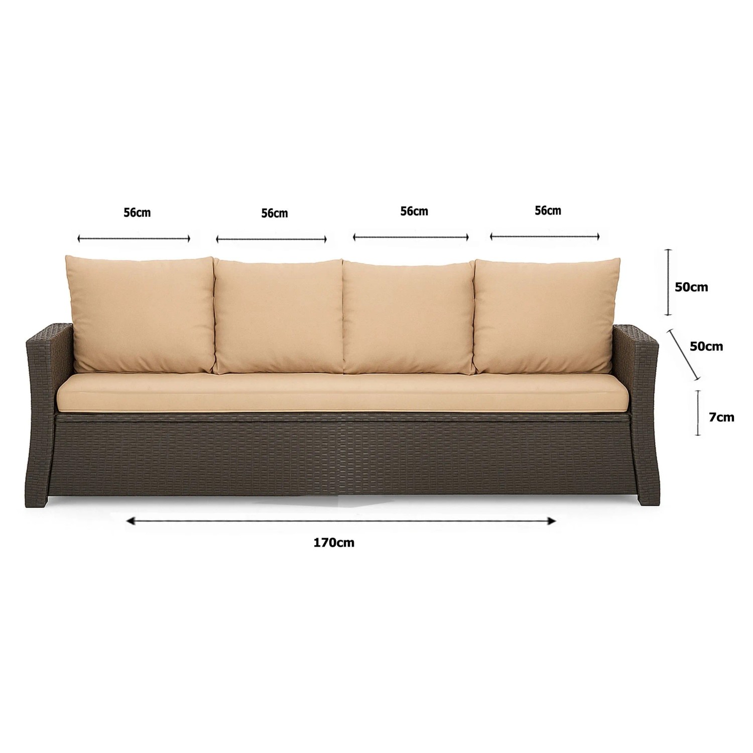Beiges Gartenkissen-Set für 3-Sitzer Polyrattan-Gartensofa, 170x50x50 cm.