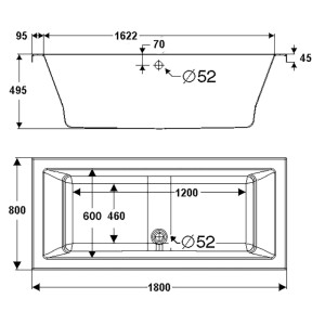 Technische Zeichnung des Ottofond Whirlpools Cubic Premium 180x80 cm. Zeigt Aufsicht und Seitenansicht mit detaillierten Maßen der Badewanne.