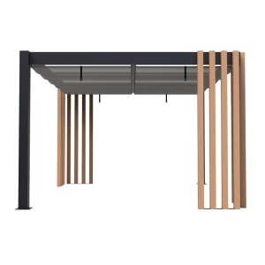 Sojag Pavillon Lito 1012 mit Sonnensegel, schwarz-graue Terrassenüberdachung mit Holzdekor.