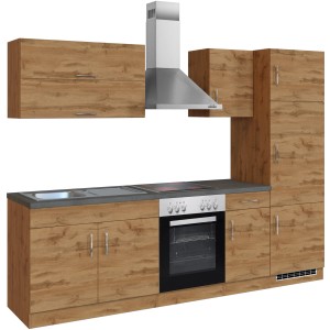 Küchenzeile Sorrento 270 cm in Wotaneiche mit Spüle, Herd, Dunstabzugshaube und Hängeschränken.