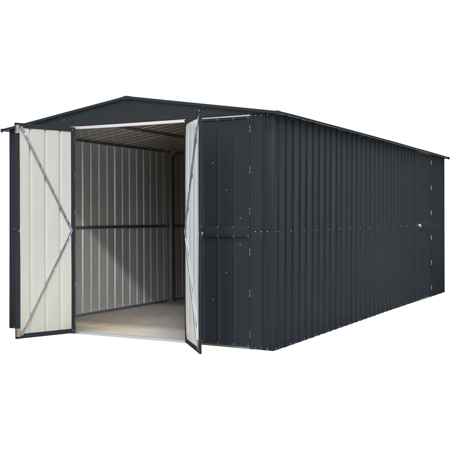 Globel Gerätehaus Parker 1015 in Anthrazit, großes Metall-Gartenhaus mit Doppeltür.