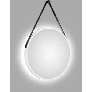 Runder DSK Design LED-Lichtspiegel Silver Barbier, Ø 50 cm, weiß matt mit Lederband.