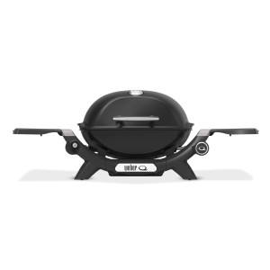 Schwarzer Weber Gasgrill Q1200N mit Aluguss-Gehäuse und abnehmbaren Seitentischen.