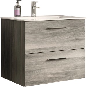 Waschbeckenunterschrank York in Rauchsilber mit zwei Schubladen und Aufsatzwaschbecken.
