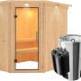 Karibu Sauna Livia mit Ofen und LED-Dachkranz in Natur, inklusive Bänke und Ofenschutzgitter.