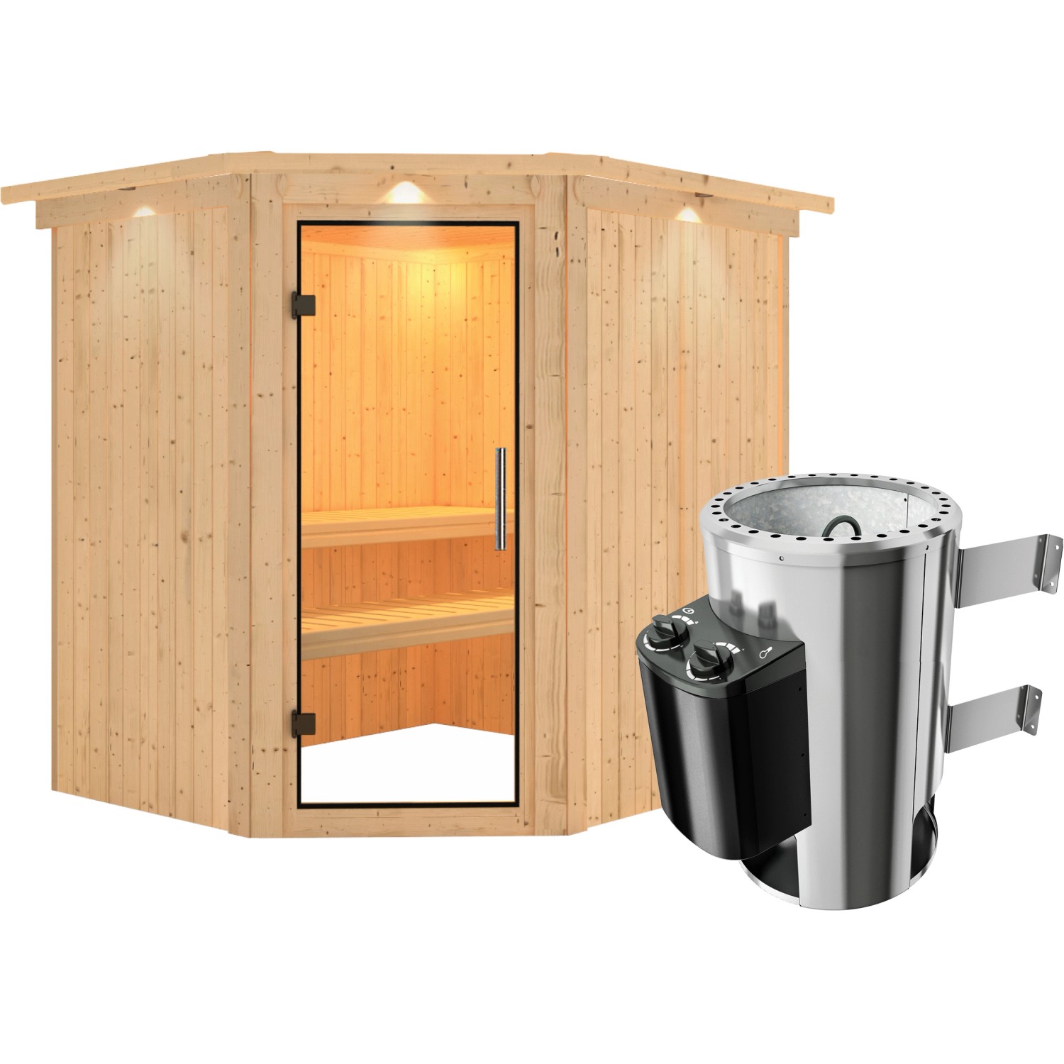 Karibu Sauna Livia mit Ofen und LED-Dachkranz in Natur, inklusive Bänke und Ofenschutzgitter.