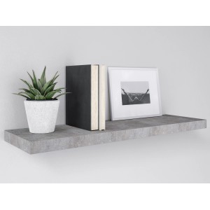 Wandregal Carlton in Betonoptik, 60 cm breit, mit Deko-Elementen wie Pflanze, Büchern und Bilderrahmen.