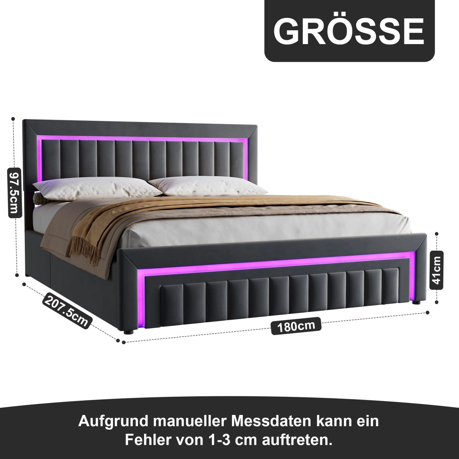 okwish Polsterbett mit LED Beleuchtung Schubladen Jugendzimmer 180x200cm Grau_4