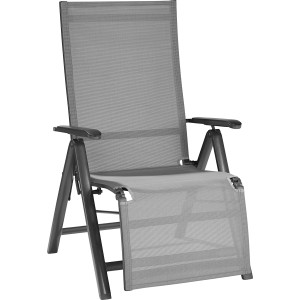 Grauer Relaxsessel Pacora mit verstellbarer Rückenlehne und Fußstütze aus Textilen.
