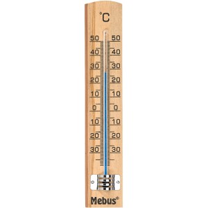 Mebus Zimmerthermometer aus Holz mit blauer Flüssigkeit und Temperaturskala.