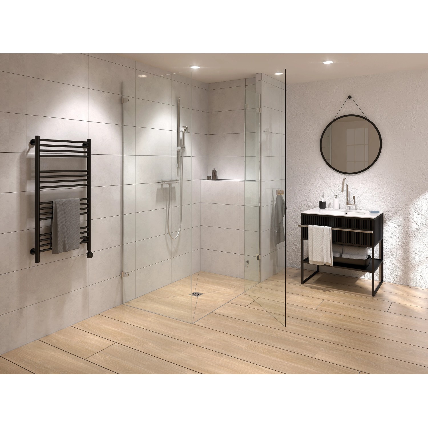 Begehbares, rechteckiges Duschboard 100x100 cm mit senkrechtem Ablauf in modernem Badezimmer.