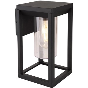 Moderne, schwarze Globo Außenleuchte Candela aus Aluminium, 27 cm hoch. Wandleuchte mit transparentem Zylinder.