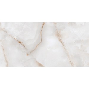 Weiße, polierte Feinsteinzeug Bodenfliese, 60x120 cm, mit Marmor-Optik und braunen Adern.