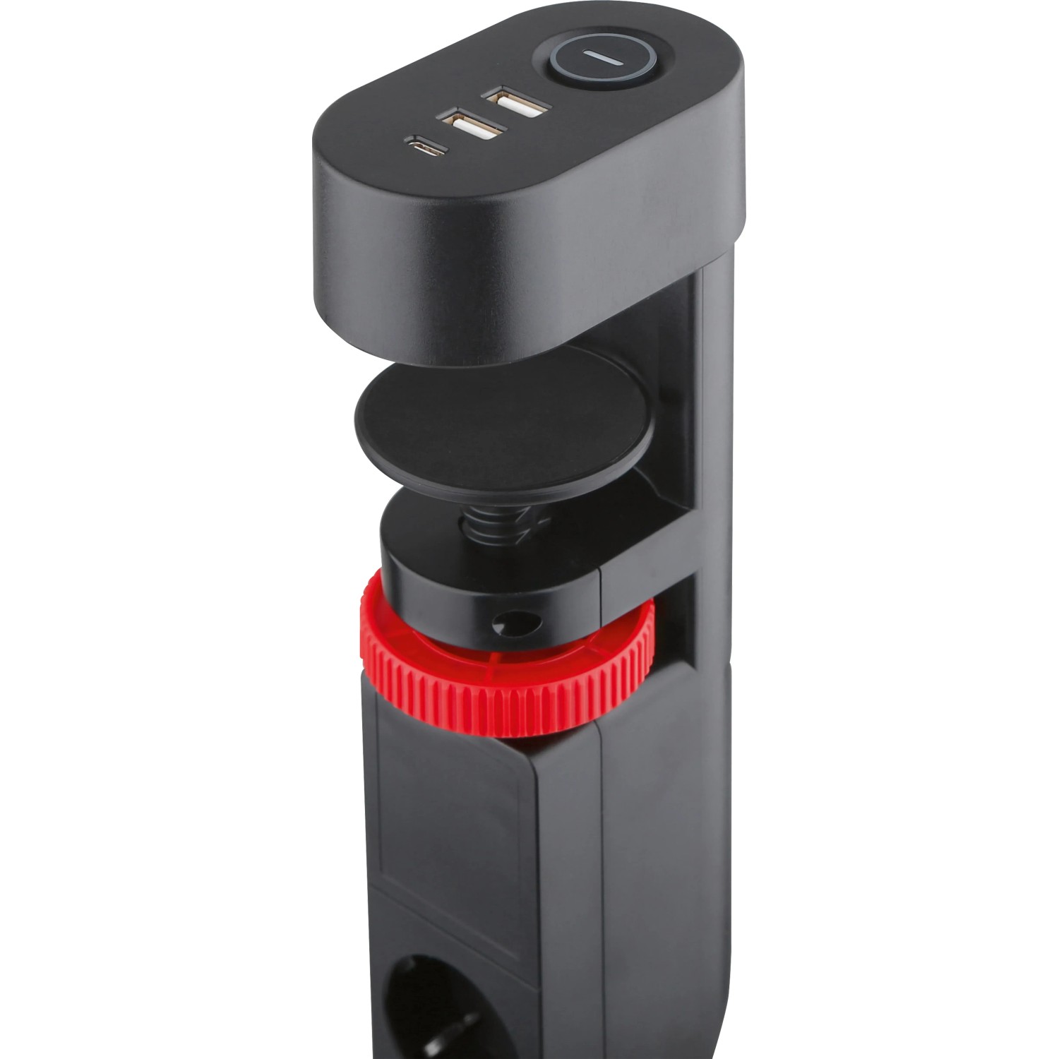 Schwarze 3-fach Steckdosenleiste mit USB-Anschlüssen und Tischklemme, 1,4 m Kabel.