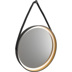 Runder DSK Design LED-Lichtspiegel Black Verano, Ø 55 cm, mit Lederband zur Wandmontage.