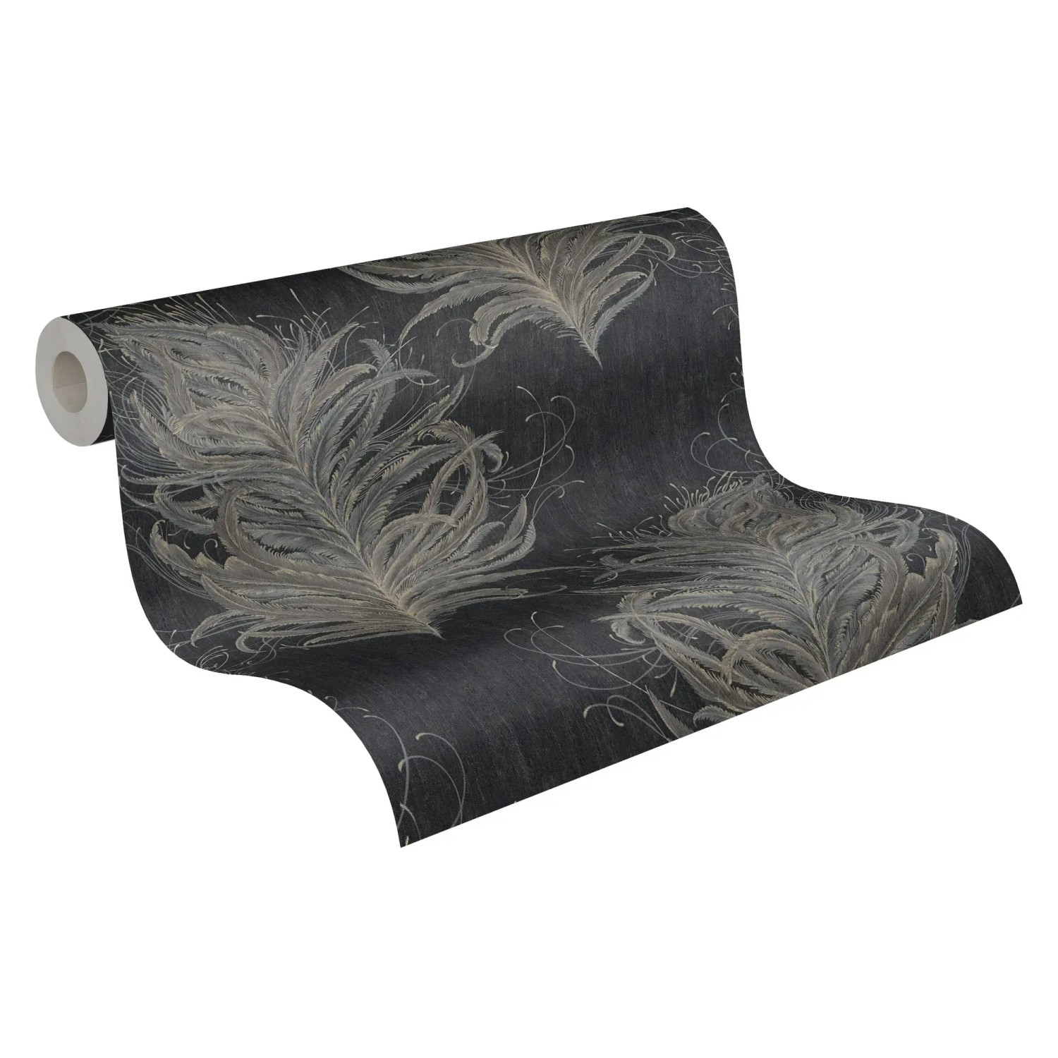 Vliestapete mit Federn in Schwarz und Gold. Dekorative Tapete mit elegantem Muster.
