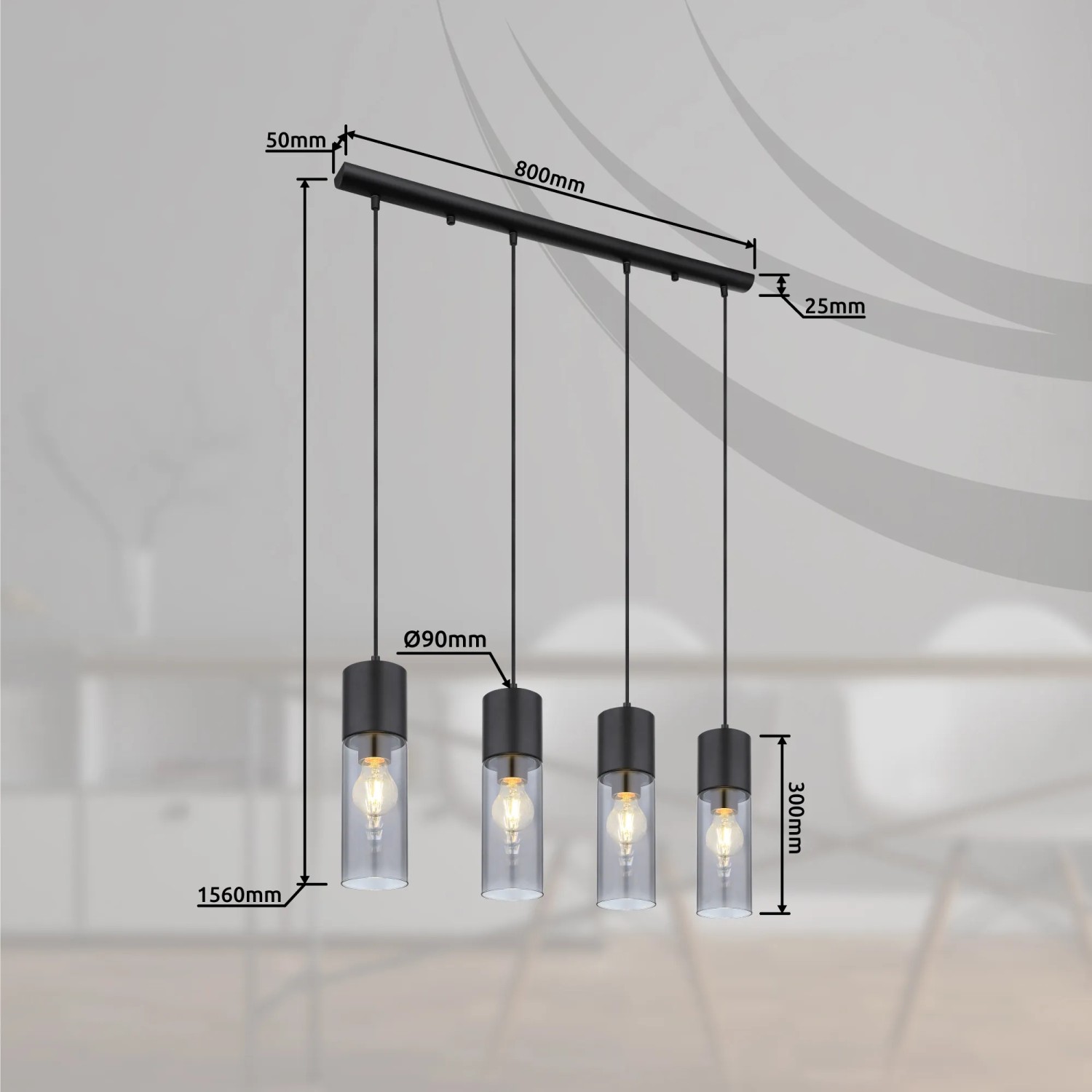 Moderne 4-flammige Pendelleuchte Annika in Schwarz matt mit Rauchglas-Schirmen.