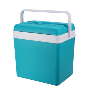 Türkisblaue 24 l Kühlbox mit weißem Tragegriff. Ideal für Camping, Ausflüge und Strand.