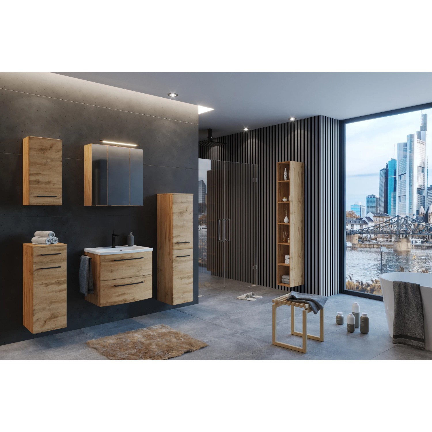 Held Möbel Midischrank Florenz, 30 cm, Wotaneiche, Bad-Hängeschrank für mehr Stauraum im Badezimmer.