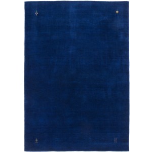 Blauer Wollteppich Gloria, 200x290 cm, handgewebt mit kleinen Symbolen in den Ecken.