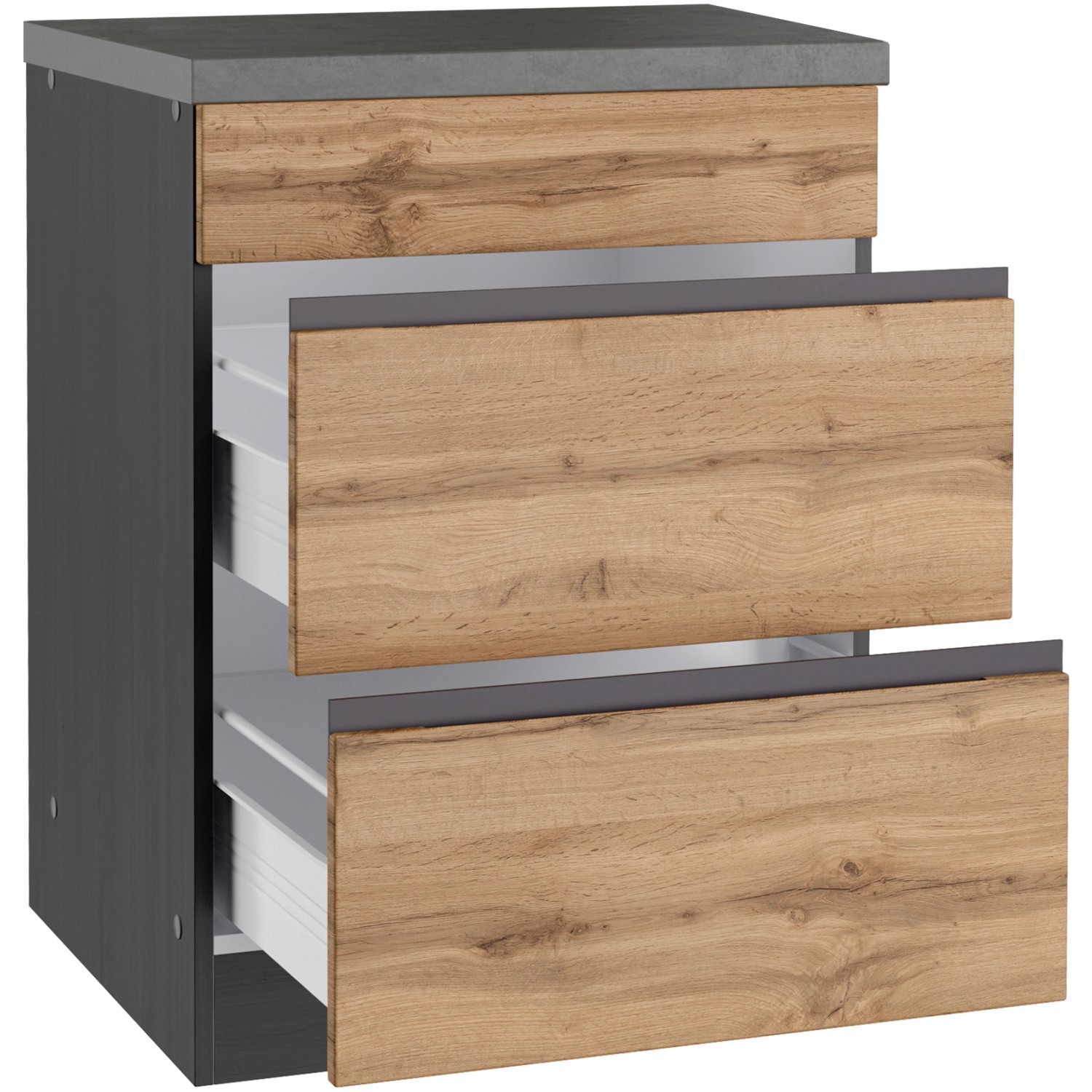 Held Möbel Kochfeldumbauschrank Turin, 60 cm, Wotaneiche/Graphit, mit 2 Auszügen.