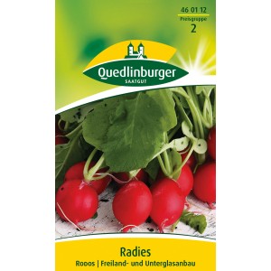 Samenpackung Quedlinburger Radieschen 'Rodos' mit roten, runden Knollen und grünen Blättern.