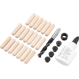 LUX-TOOLS Dübelset Ø 10 mm: 25 Holzdübel, Holzleim, Bohrer, Tiefenstopp und Dübelsetzer.