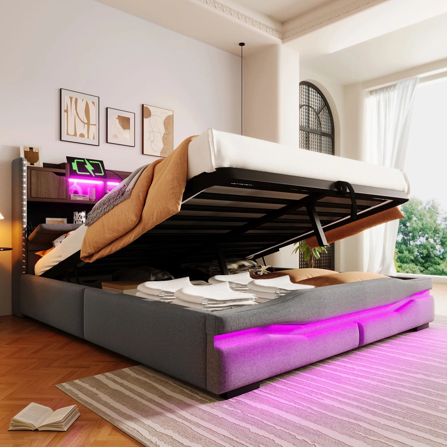 okwish Polsterbett 160x200cm mit LED USB C Hydraulik Staufach Schlafzimmer Grau ohne Matratze_6