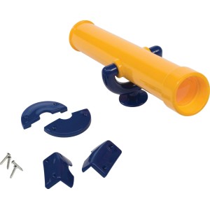 Gelb-blaues Axi Teleskop für Spielgeräte, 31x10x10 cm, mit Zubehör zur Befestigung.