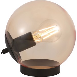 Bernsteinfarbene Design-Tischlampe, 18,5 cm hoch, mit schwarzem Metallfuß und E27 Fassung.