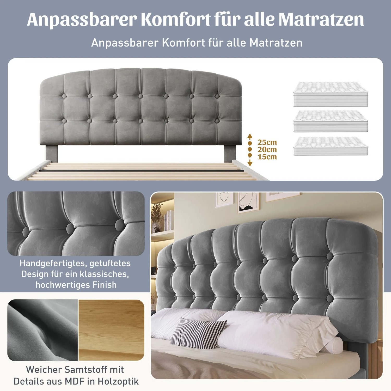okwish Polsterbett 140x200cm mit Samtbezug Schubladen Jugendbett Grau ohne Matratze_7