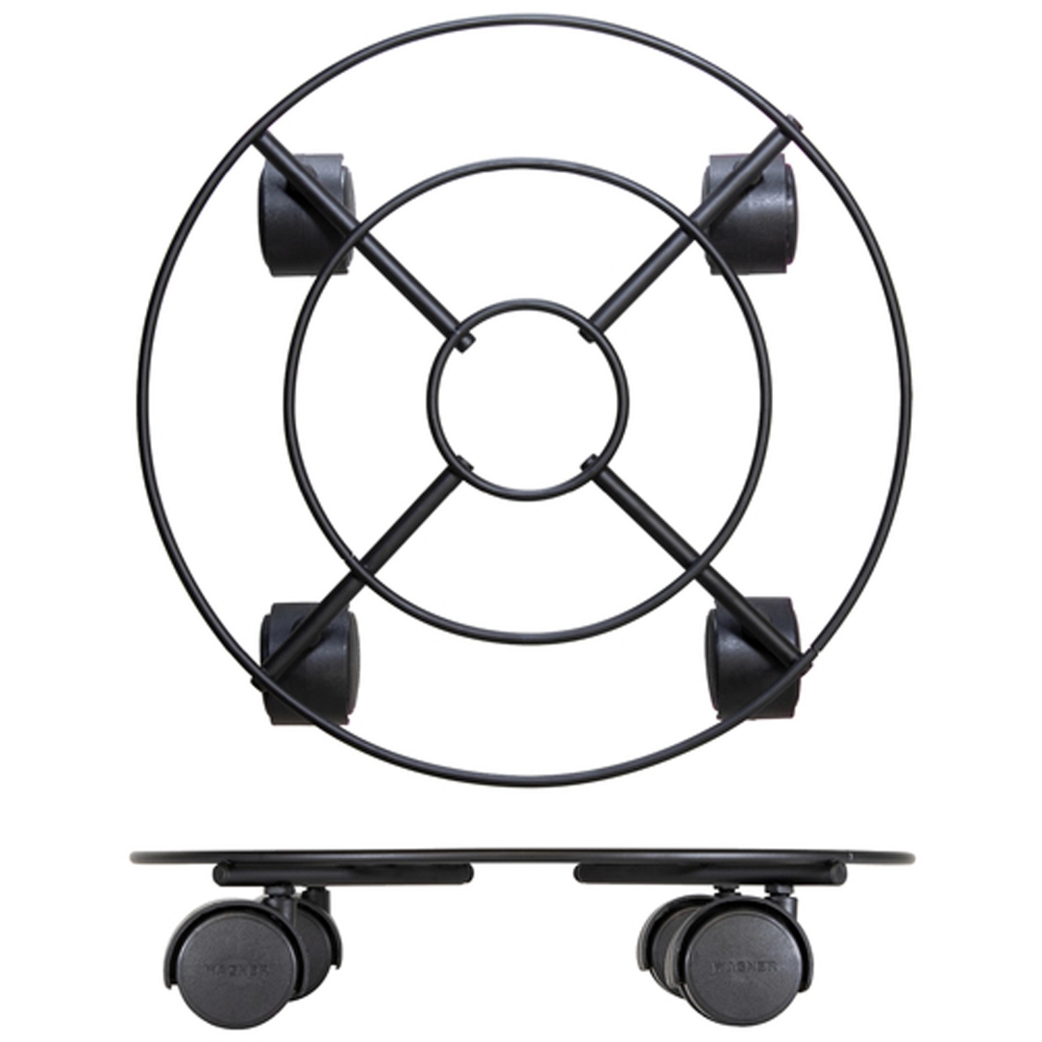 Schwarzer, runder Wagner Pflanzenroller Draht GH 0943 mit Doppelrollen, Ø 30 cm.