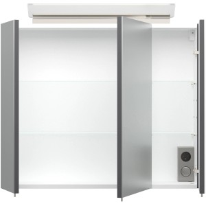 Offener Posseik Spiegelschrank, 75 cm breit, in Anthrazit mit Softclose und Beleuchtung.
