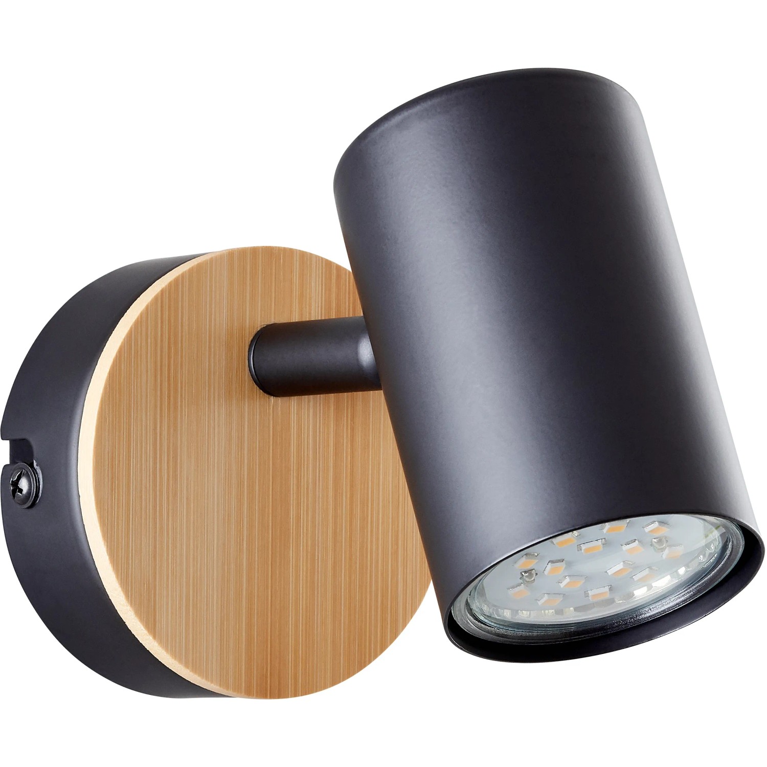 Wandspot Niels: Matt-schwarze Lampe mit Holz-Akzent für Innenräume.
