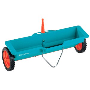 Gardena Combisystem Streuwagen: Blauer Düngerwagen mit orangen Rädern und Streutabelle.