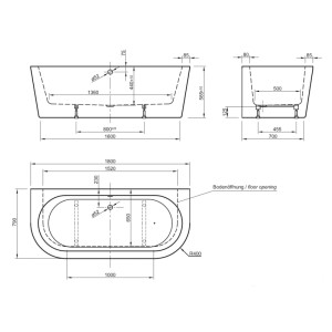 Technische Zeichnung Ottofond Badewanne Modena 180 cm. Ovale Acryl-Badewanne mit detaillierten Maßen.