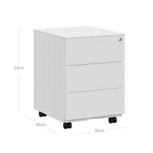 Weißer Songmics Aktenschrank mit 3 Schubladen und Rollen, 45,1x39x53,8 cm.