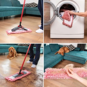 Vileda Style Chenille Ersatzbezug in Nutzung und Reinigung, rot/weiß, für Reinigungsgeräte.