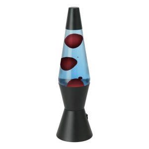 Schlanke Eglo LED-Lavatischleuchte in Schwarz mit blauer Flüssigkeit und roten Wachsblasen. Ø 10,5 cm.